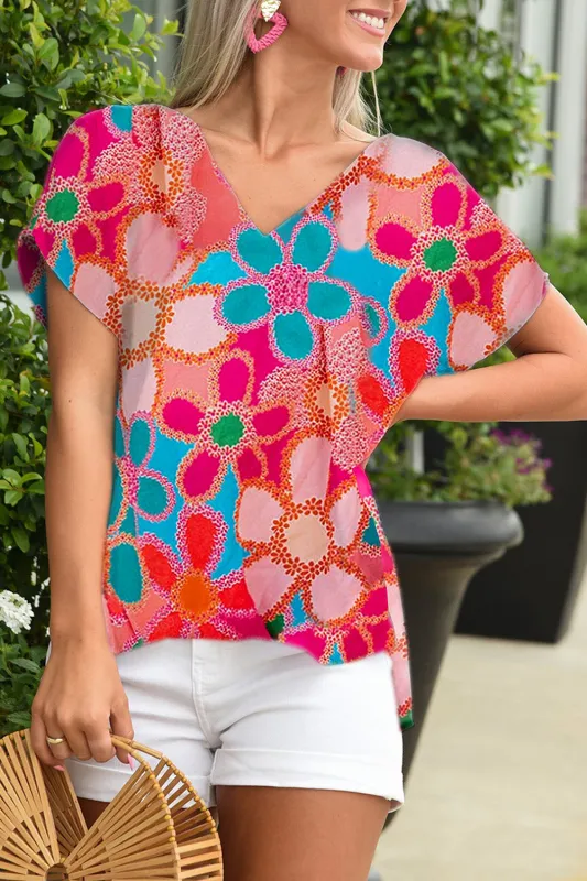 MultiColour Abstract Print V-Neck Dolman Blouse sold by eAura