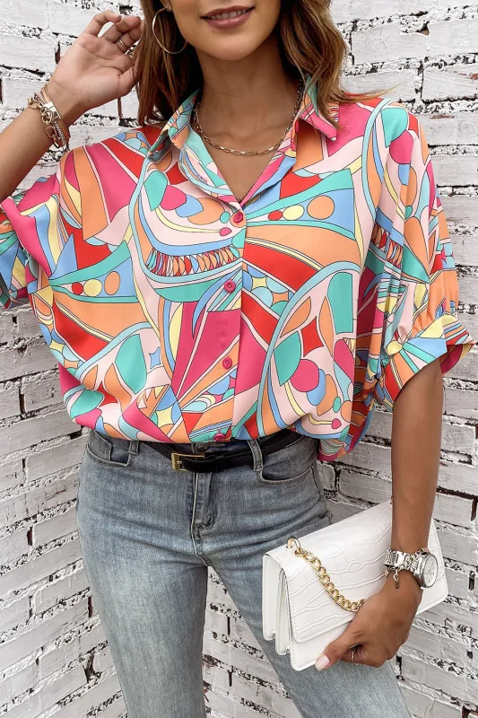 MultiColour Abstract Geometry Print Half Puff Sleeve Loose Shirt sold by eAura