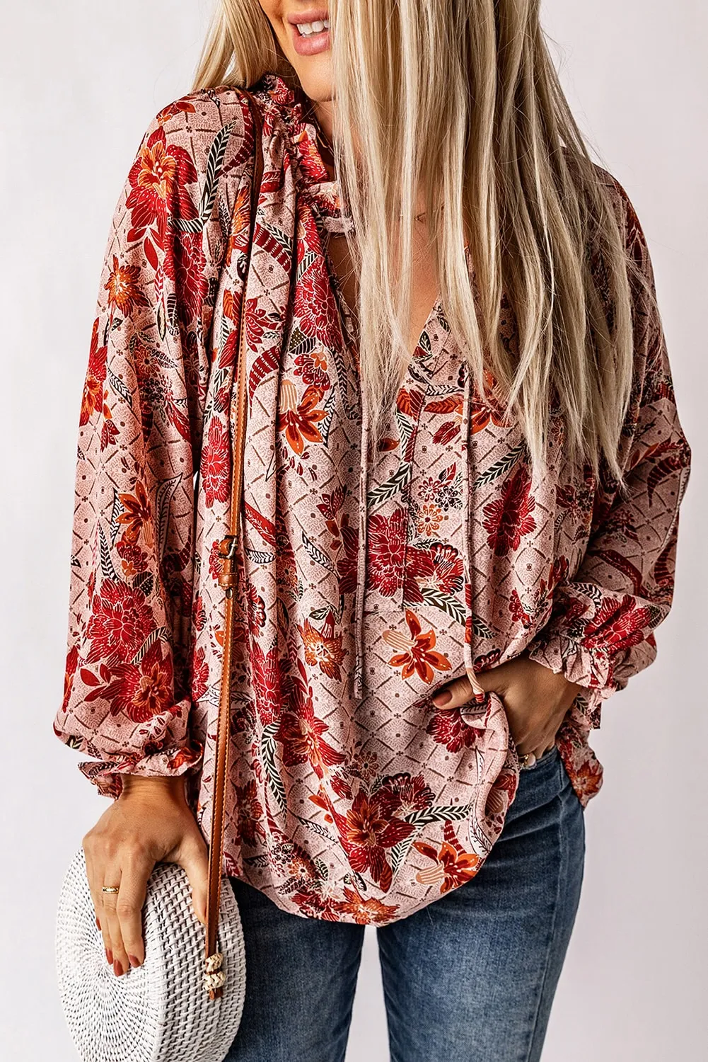Pink Split V Neck Printed Blouse sold by eAura product image thumbnail 3