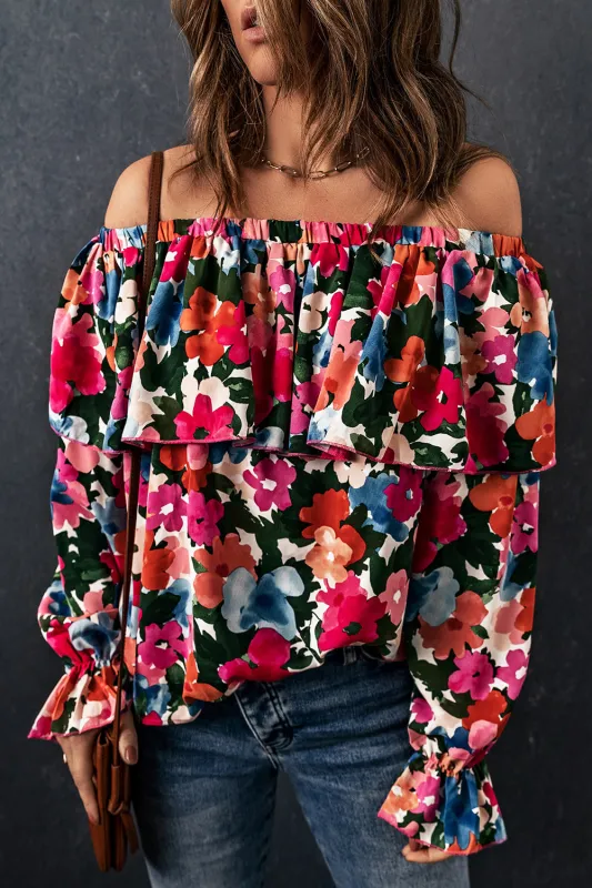 Floral Print Ruffled Off Shoulder Blouse sold by eAura