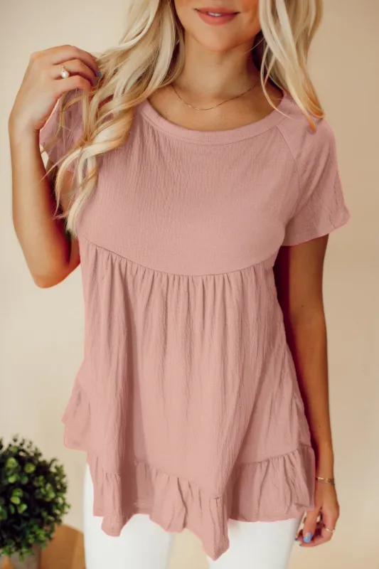 Pink Solid Short Sleeve Ruffle Hem Top sold by eAura