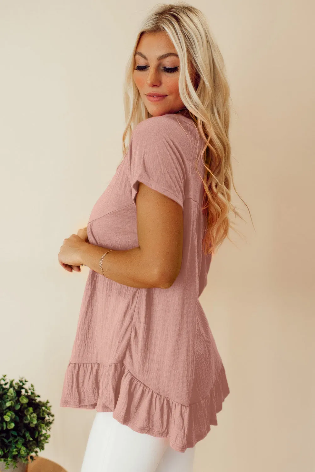 Pink Solid Short Sleeve Ruffle Hem Top sold by eAura product image thumbnail 3