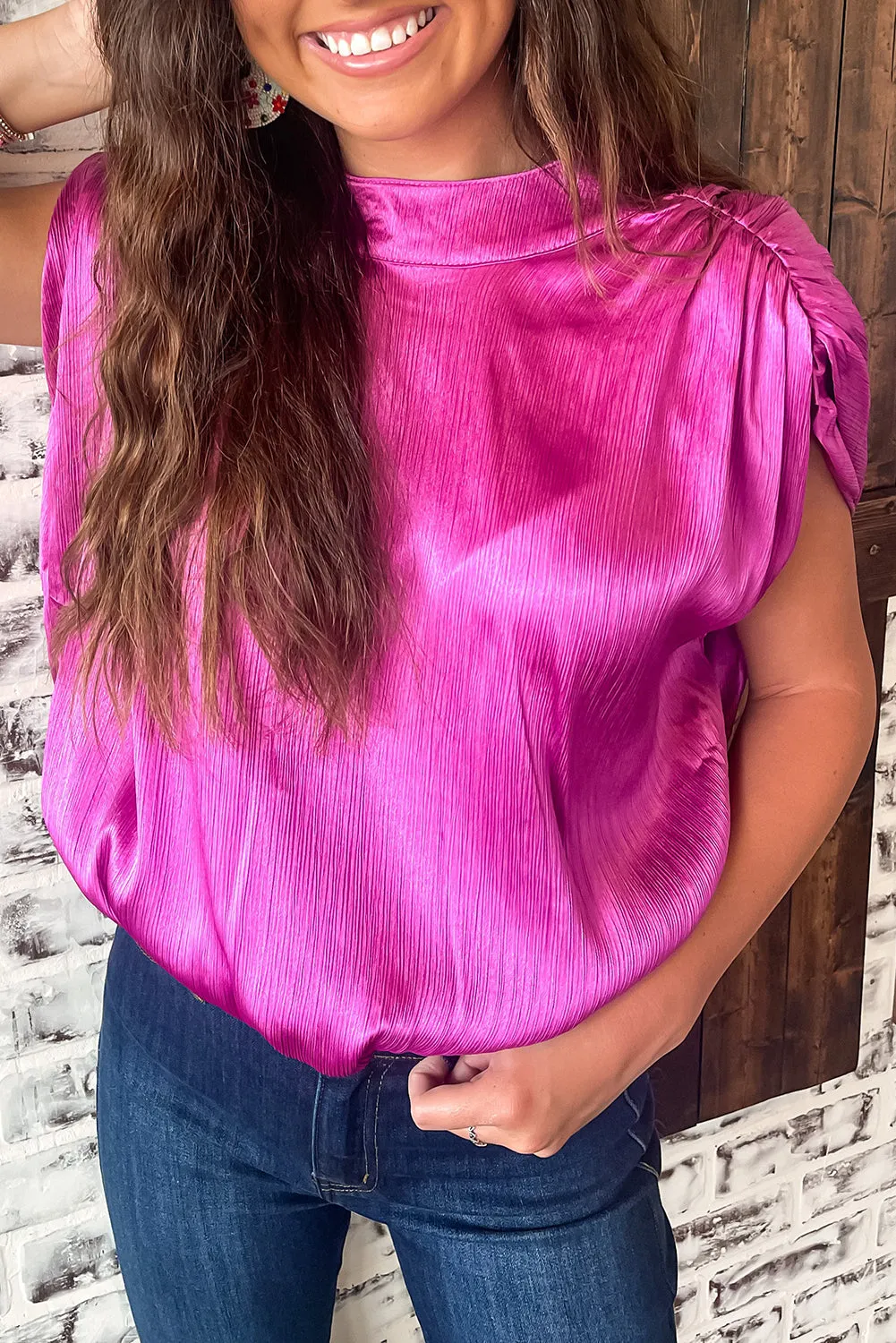 Bright Pink Ruched Sleeves Knotted Backless Blouse sold by eAura