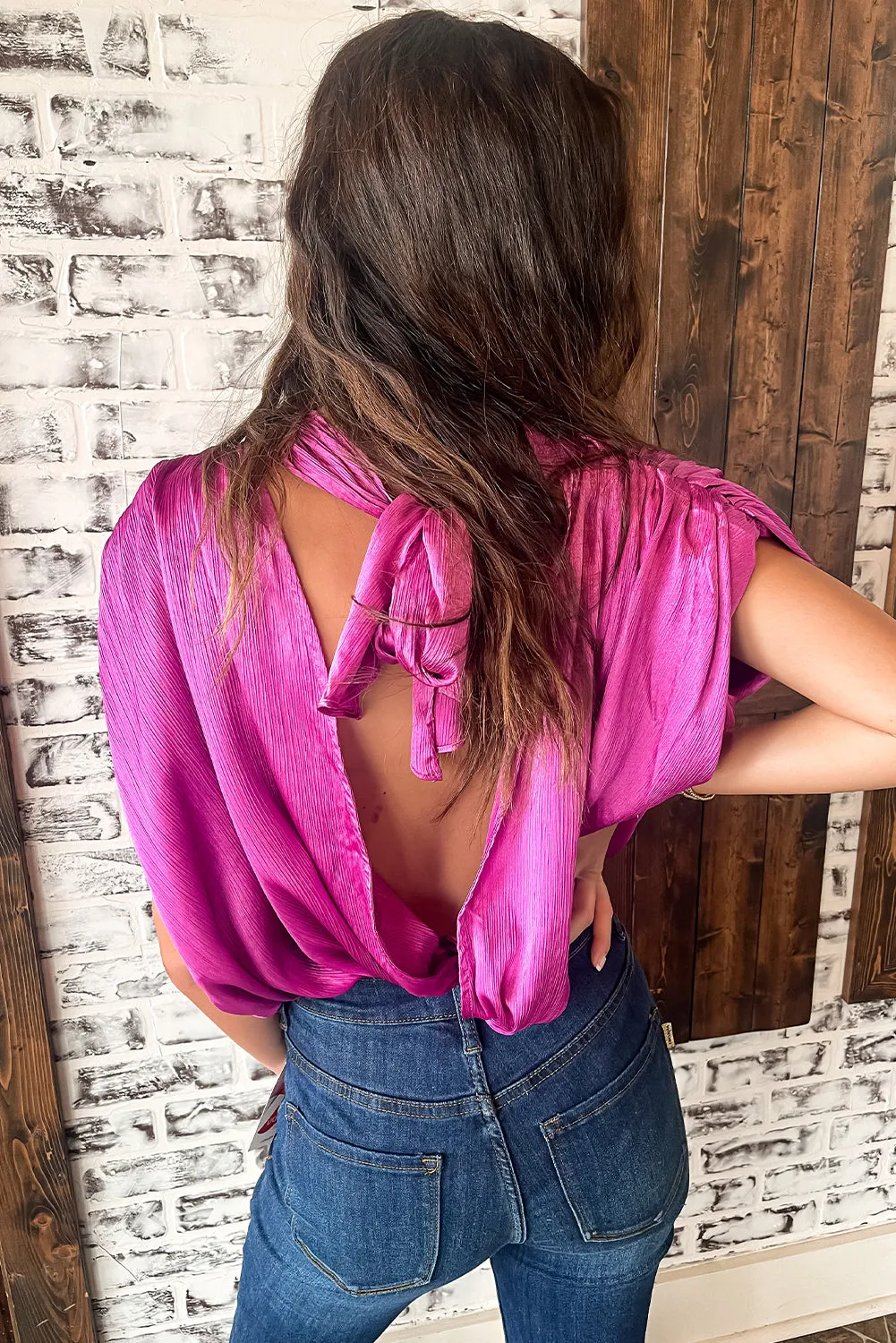Bright Pink Ruched Sleeves Knotted Backless Blouse sold by eAura product image thumbnail 2