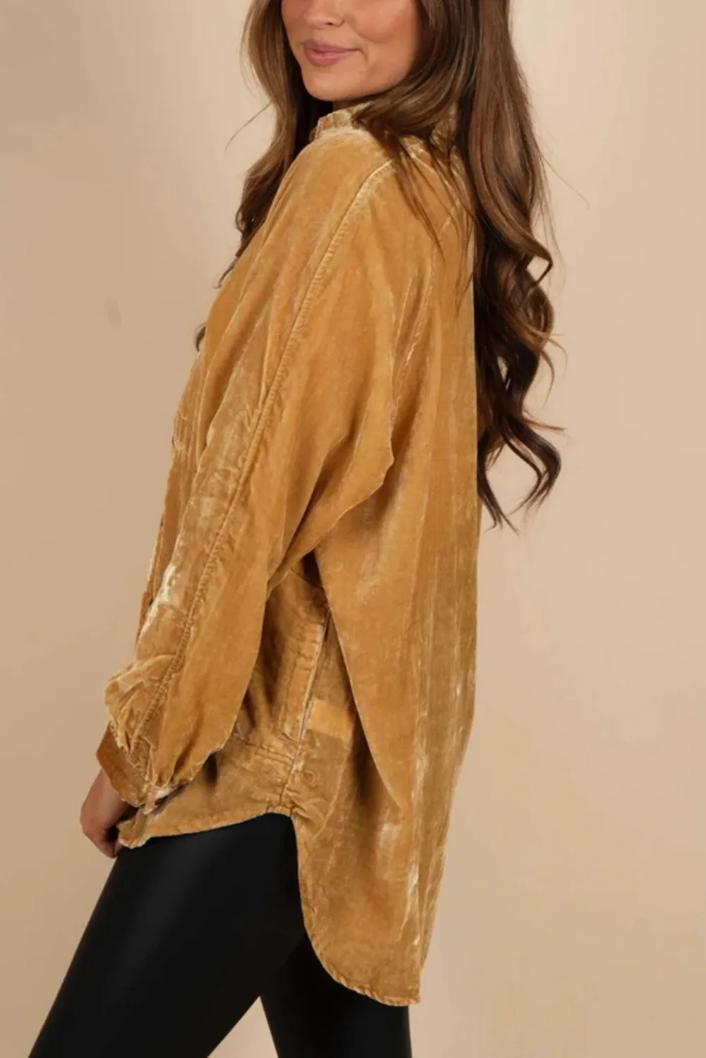 Gold Solid Colour Button Up Loose Fit Velvet Shirt sold by eAura product image thumbnail 3