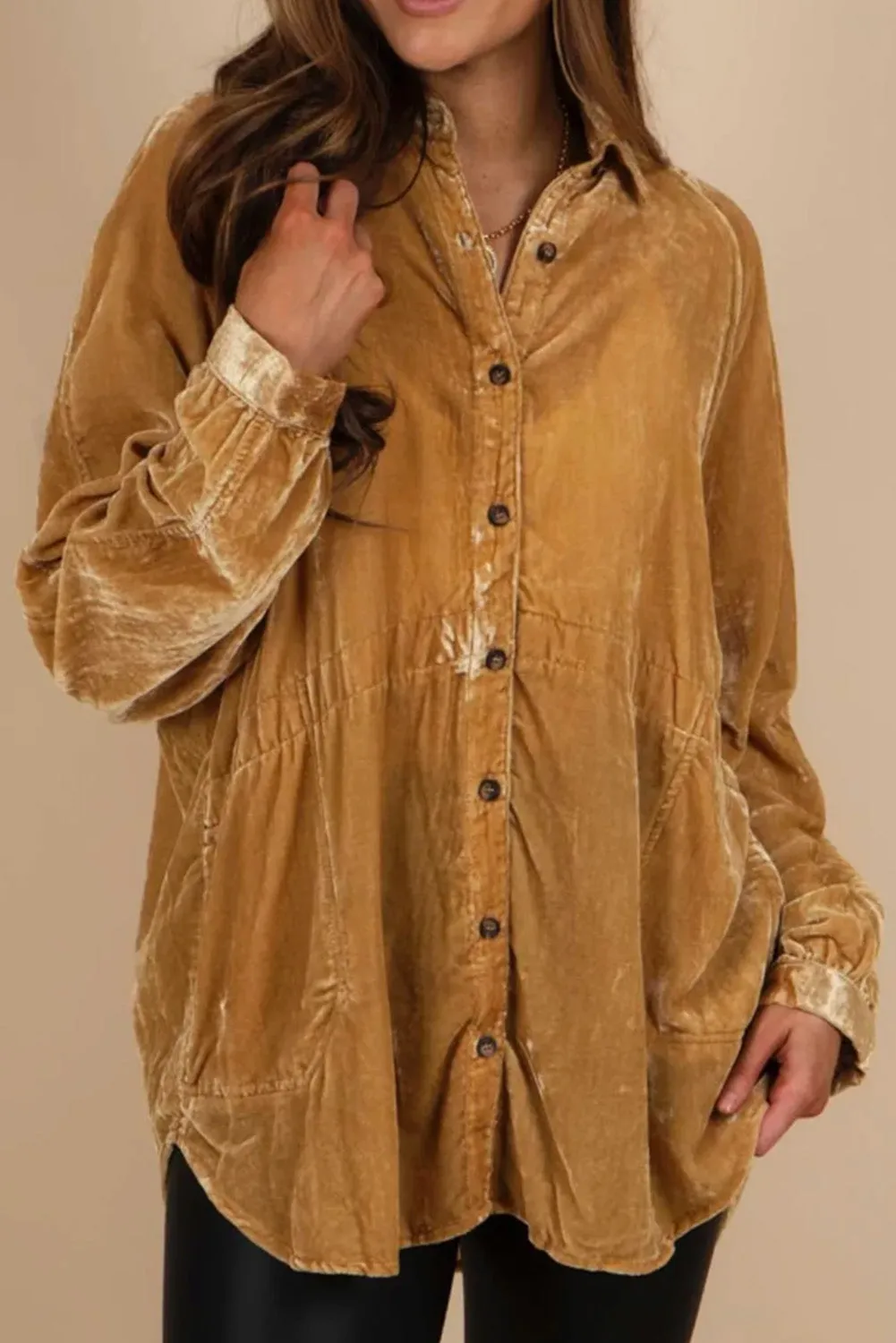Gold Solid Colour Button Up Loose Fit Velvet Shirt sold by eAura