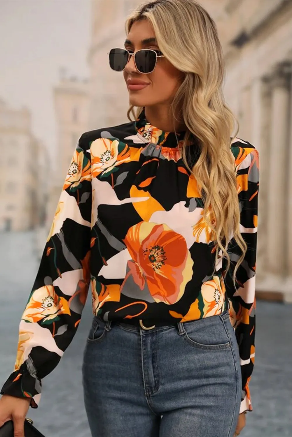 Black Floral Print Mock Neck Blouse sold by eAura product image thumbnail 3