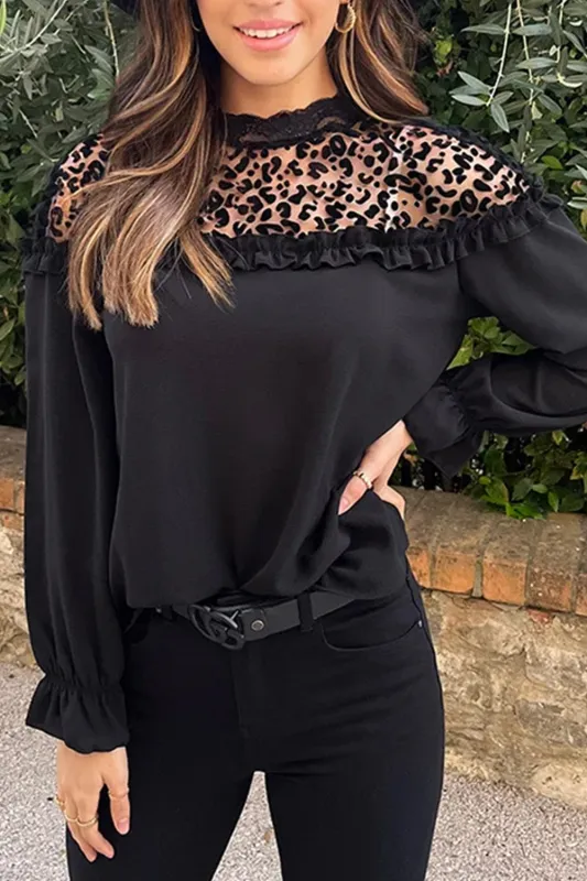 Black Leopard Mesh Splicing Ruffle Long Sleeve Blouse sold by eAura