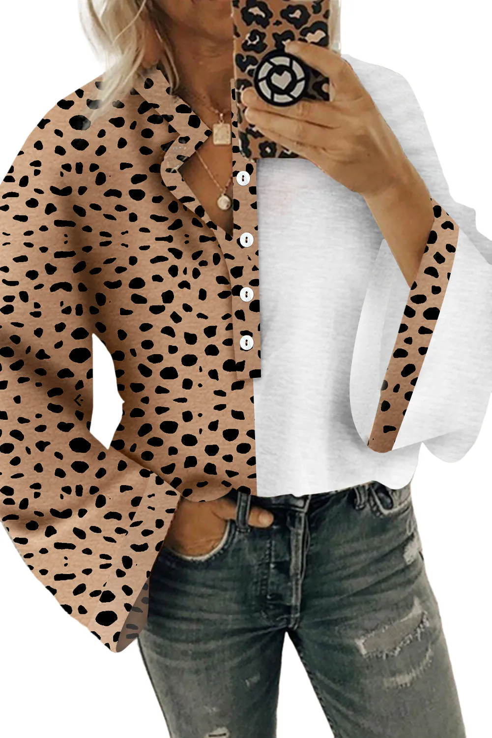 Khaki Leopard Contrast Half Button Casual Blouse sold by eAura product image thumbnail 2