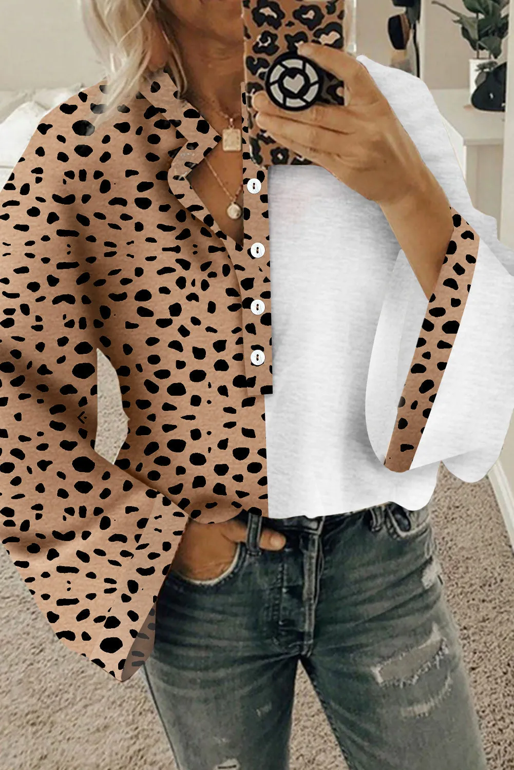 Khaki Leopard Contrast Half Button Casual Blouse sold by eAura