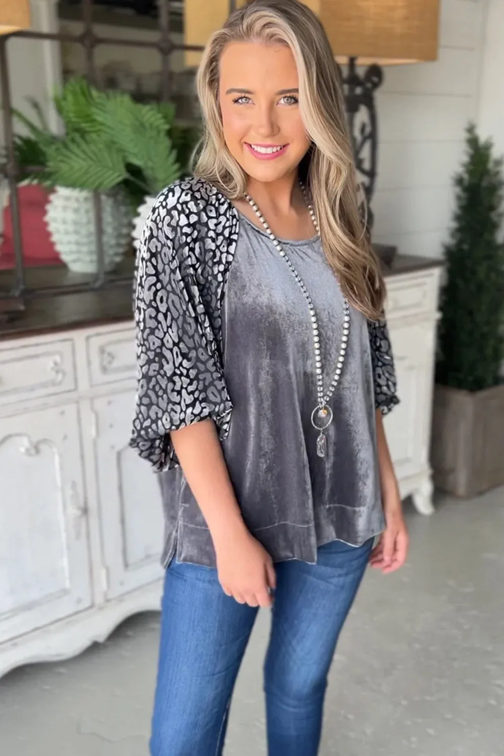 Medium Grey Leopard Splicing Lantern Sleeve Velvet Blouse sold by eAura product image thumbnail 3