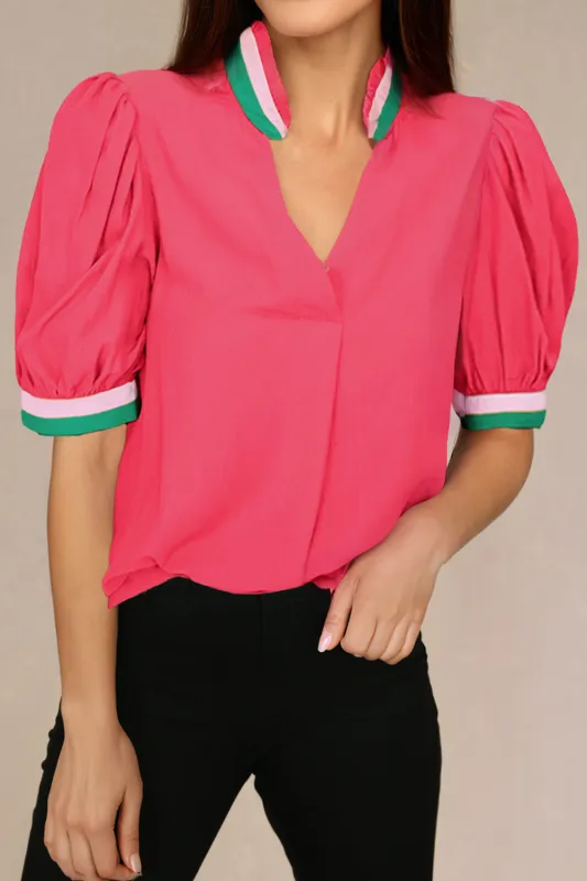 Carrot Colourful Trim V Neck Short Sleeve Blouse sold by eAura