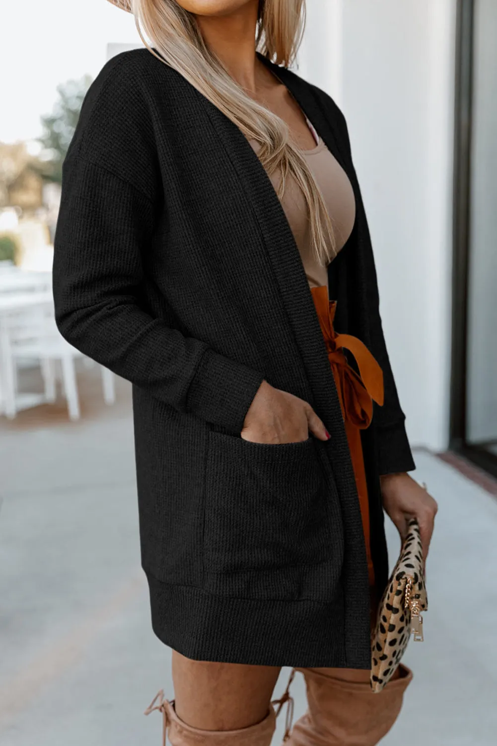 Black Thermal Waffle Knit Pocketed Cardigan sold by eAura