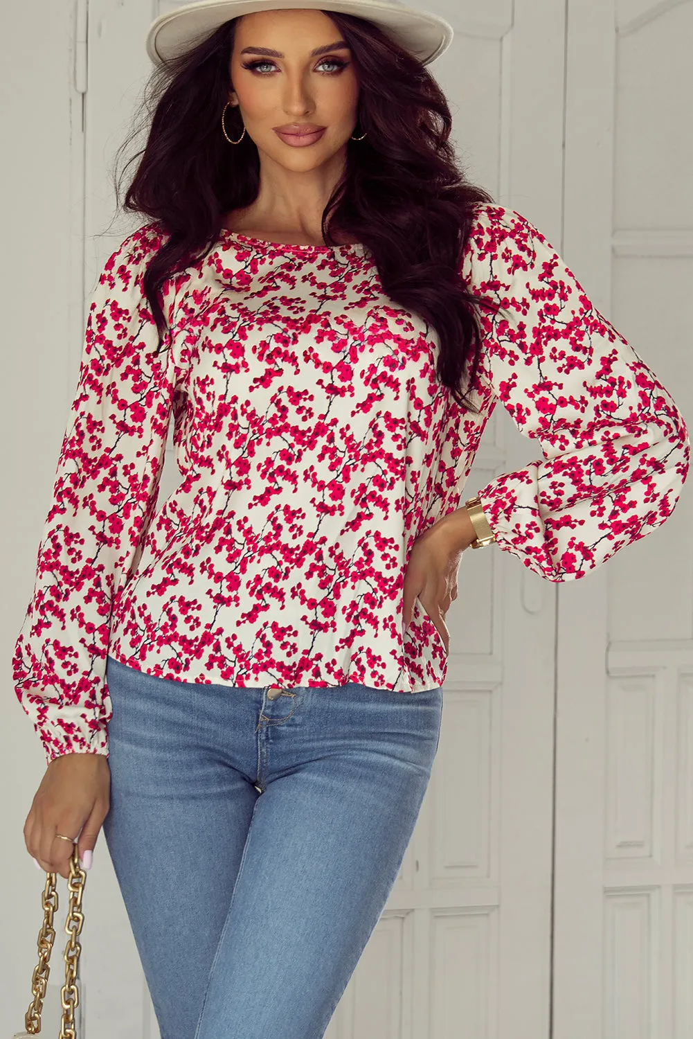 Red Floral Print Long Sleeve Open Back Blouse sold by eAura product image thumbnail 3