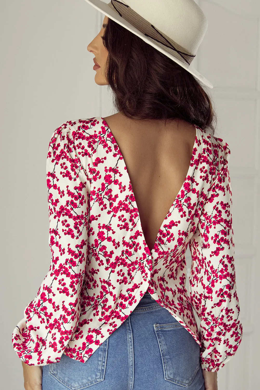 Red Floral Print Long Sleeve Open Back Blouse sold by eAura product image thumbnail 2