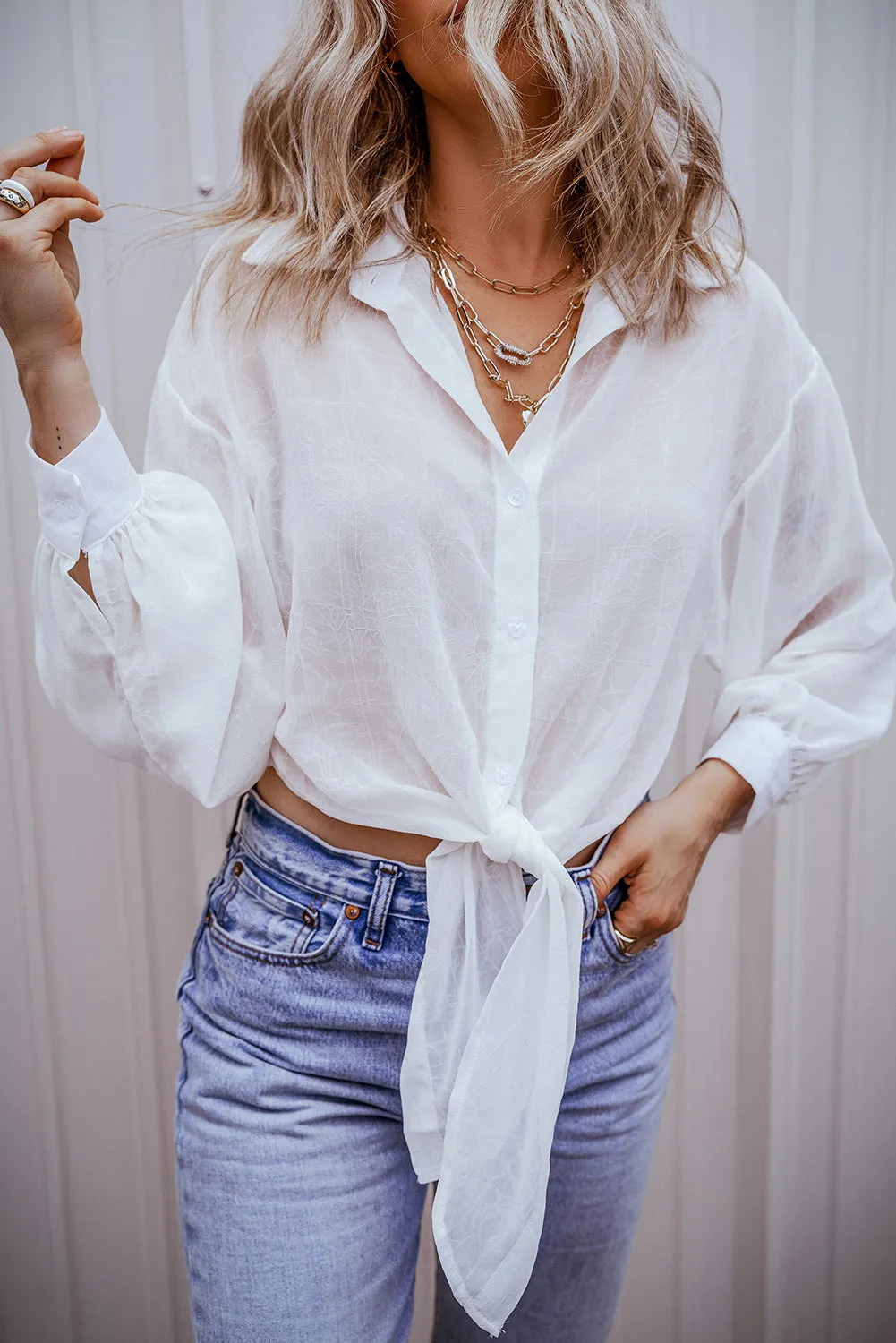 White Solid Knotted Front Loose Fit Sheer Shirt sold by eAura product image thumbnail 3