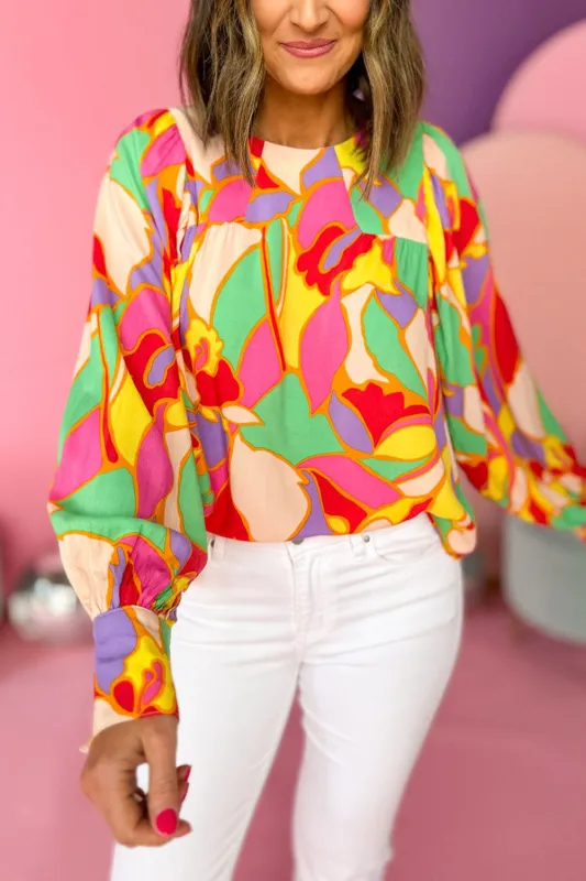 Yellow Abstract Print Puff Sleeve Blouse sold by eAura