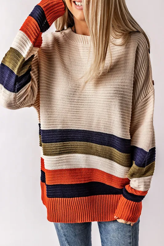 White Buttoned Shoulder Drop Shoulder Striped Sweater sold by eAura