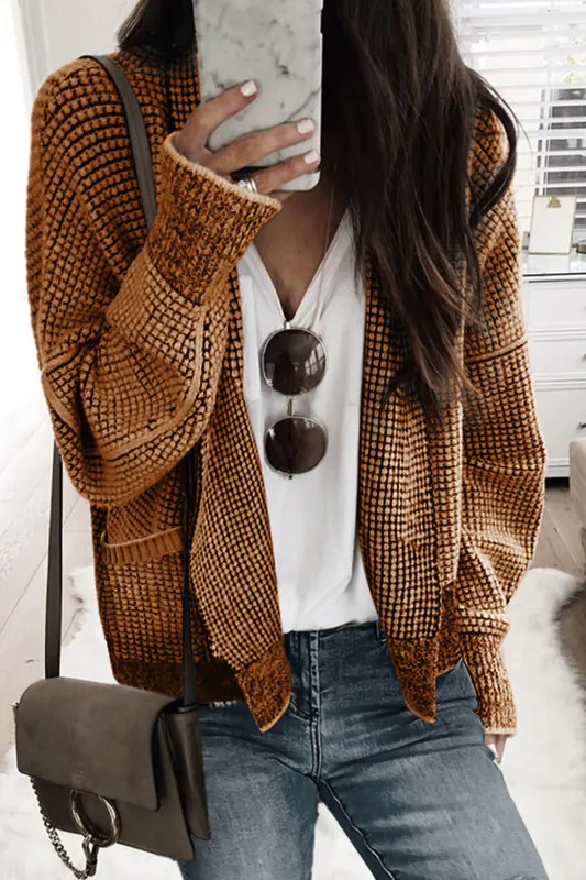 Brown Chunky Waffle Knit Oversized Collar Cardigan sold by eAura