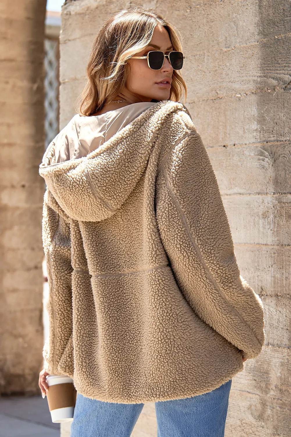 Pale Khaki Fleece Zip Up Drawstring Hooded Pocketed Jacket sold by eAura product image thumbnail 2