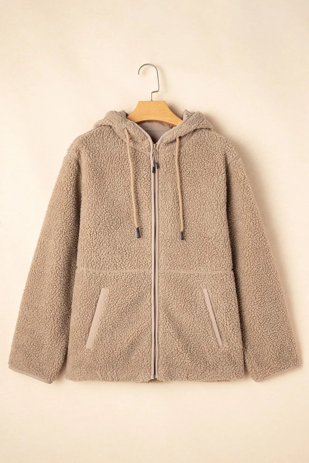 Pale Khaki Fleece Zip Up Drawstring Hooded Pocketed Jacket sold by eAura product image thumbnail 4