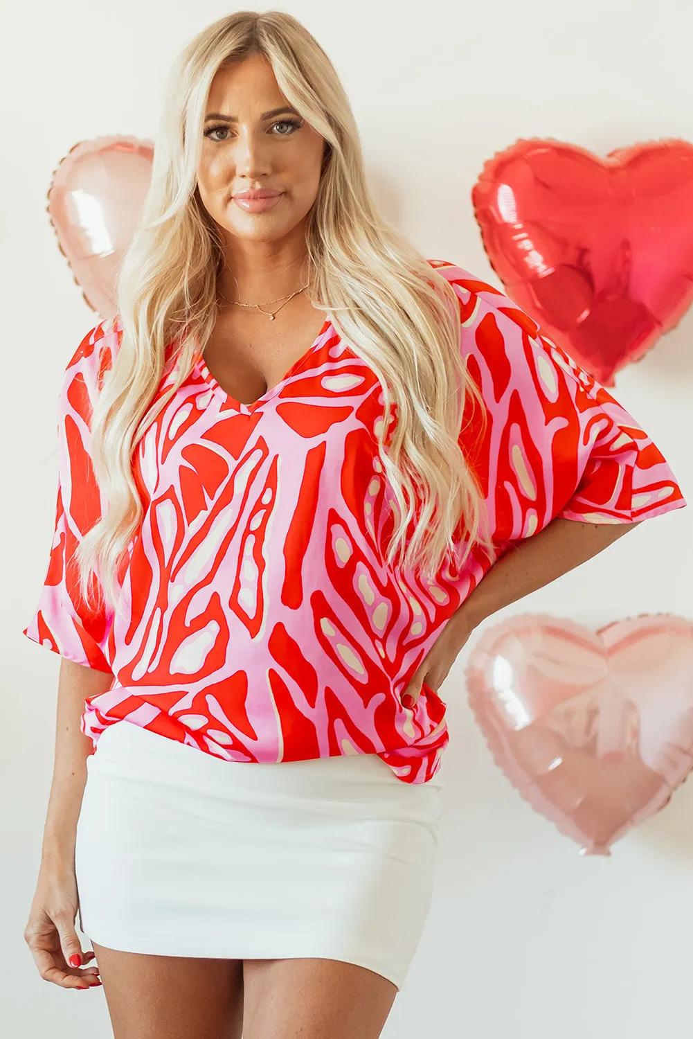 Red Abstract Print V Neck Batwing Sleeve Oversized Blouse sold by eAura product image thumbnail 5