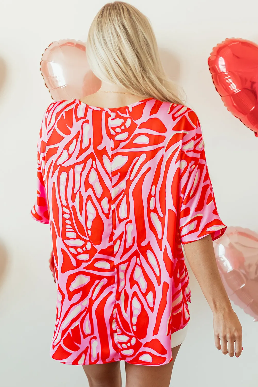 Red Abstract Print V Neck Batwing Sleeve Oversized Blouse sold by eAura product image thumbnail 2