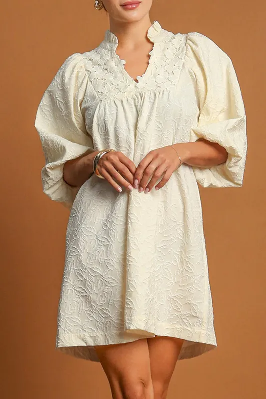 White Floral Textured Bubble Sleeve Frilled Notched Neck Dress sold by eAura