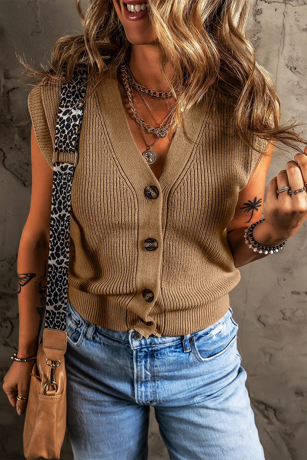 Parchment V Neck Buttoned Front Sweater Vest sold by eAura