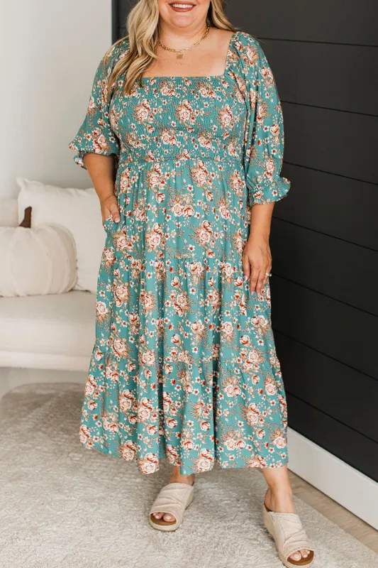 Green Plus Size Floral Print Square Neck Smocked Maxi Dress sold by eAura