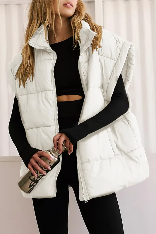 Beige Zipper Stand Neck Oversized Puffer Vest sold by eAura