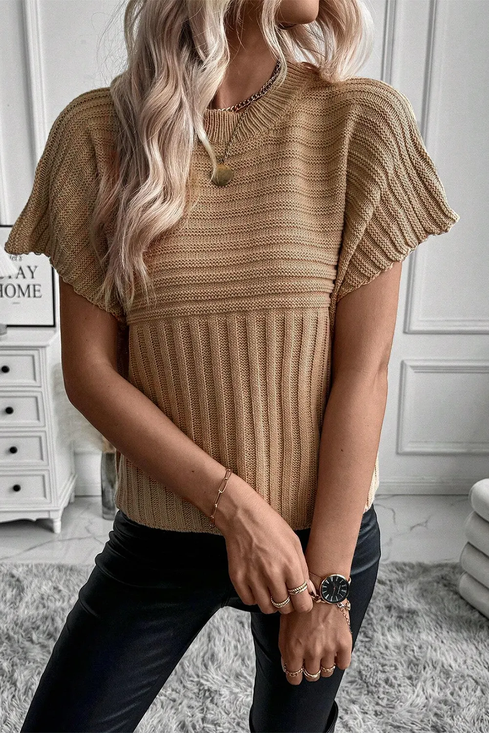 Light French Beige Rib Knitted Wide Sleeve Sweater T Shirt sold by eAura product image thumbnail 3