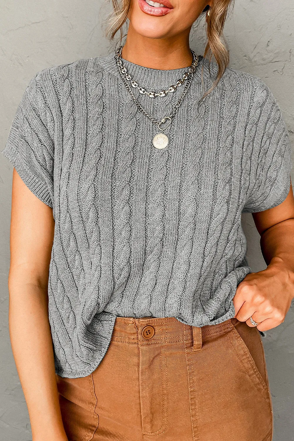 Chestnut Crew Neck Cable Knit Short Sleeve Sweater sold by eAura
