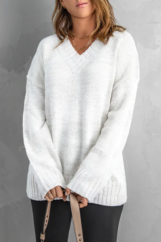 White V neck Drop Shoulder Knitted Sweater made by eAura