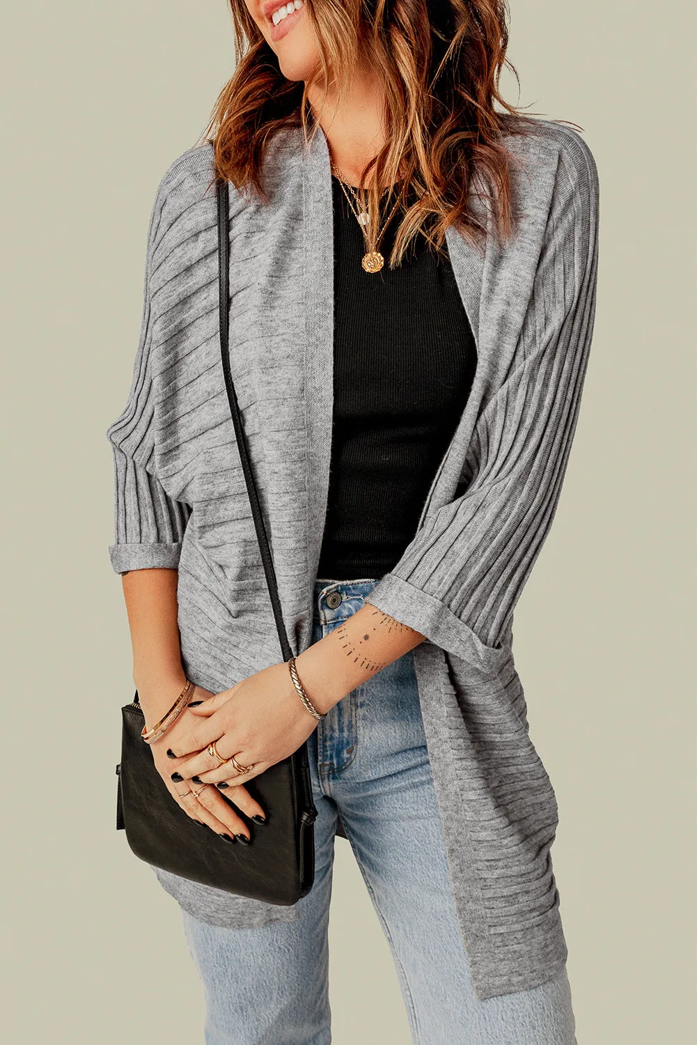 Grey Ribbed Open Front Knit Cardigan sold by eAura product image thumbnail 3