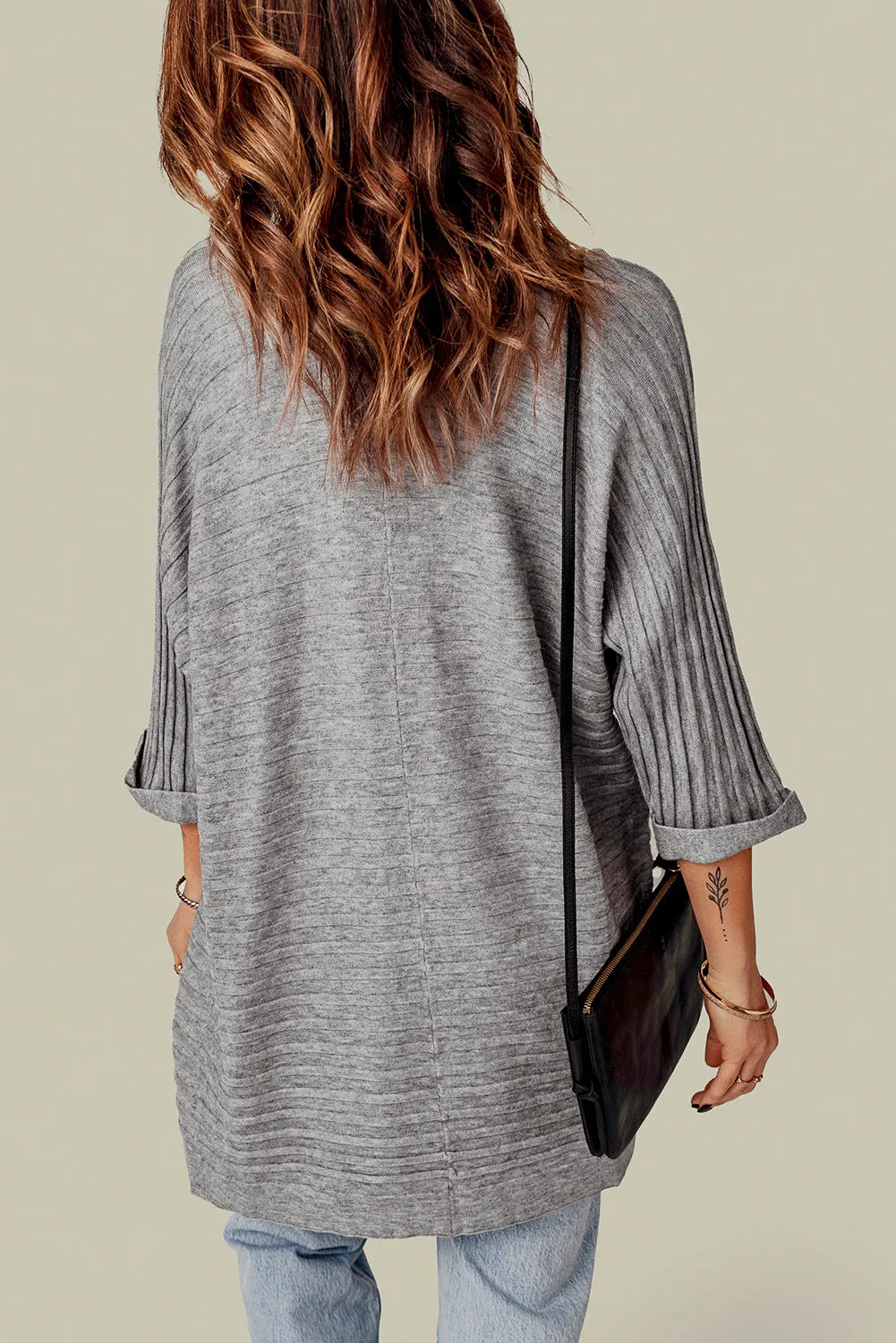 Grey Ribbed Open Front Knit Cardigan sold by eAura product image thumbnail 2