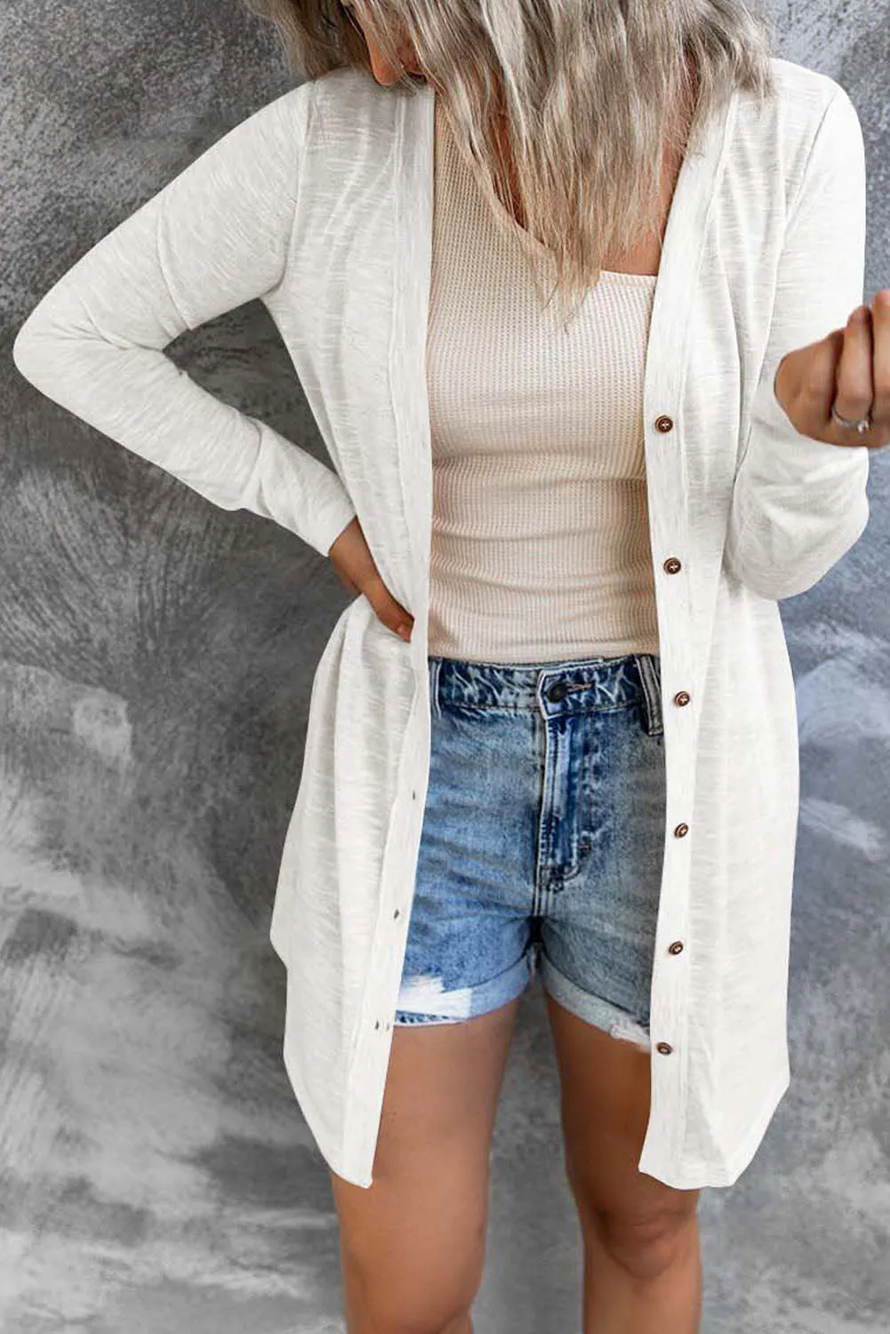 White Solid Colour Open-Front Buttons Cardigan sold by eAura product image thumbnail 3