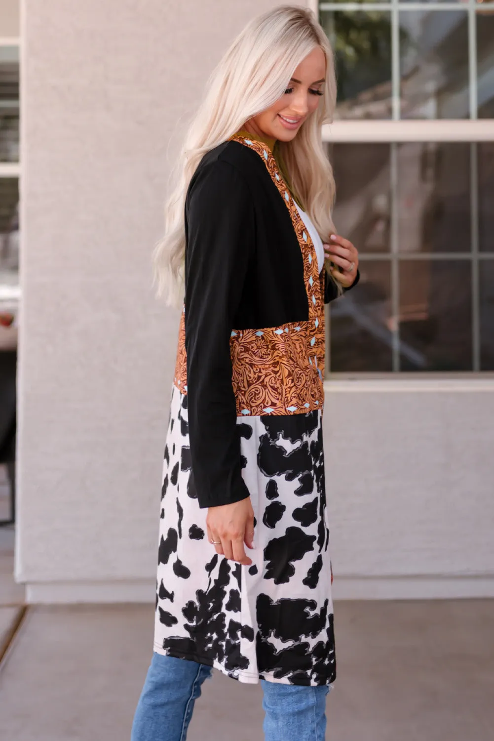 Black Western Pattern Cow Patchwork Open Front Cardigan sold by eAura product image thumbnail 3