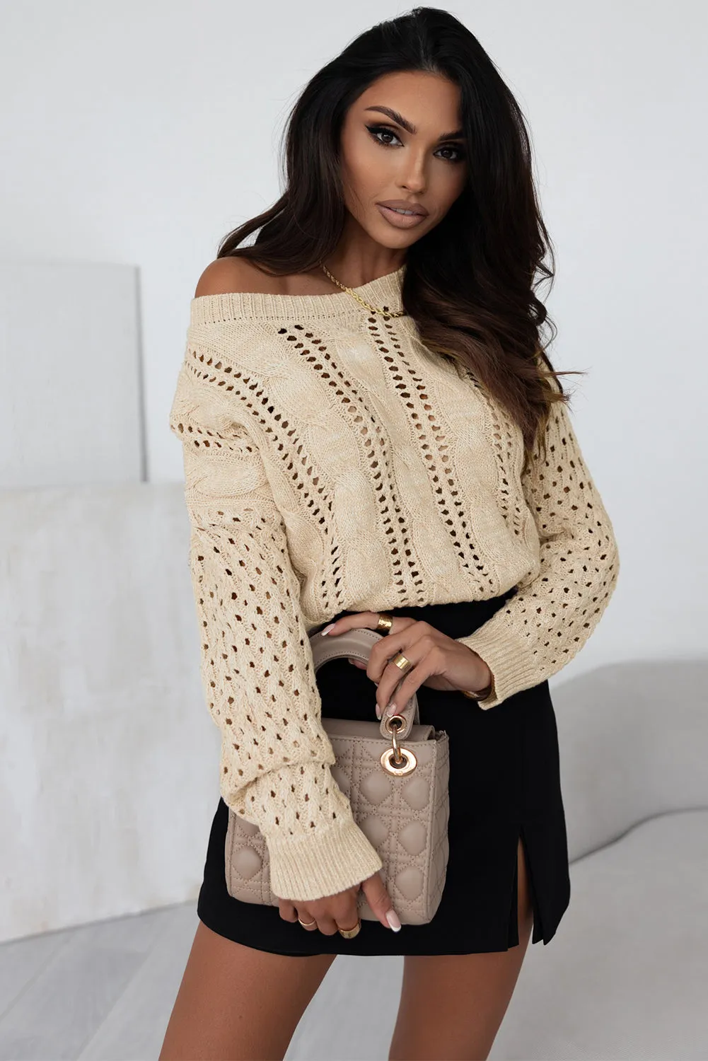 Khaki Eyelets Cable Knit Drop Shoulder Sweater sold by eAura product image thumbnail 3
