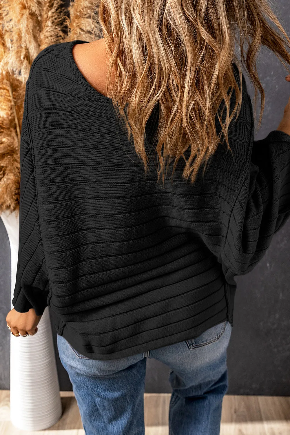 Black Exposed Seam Ribbed Knit Dolman Top sold by eAura product image thumbnail 2