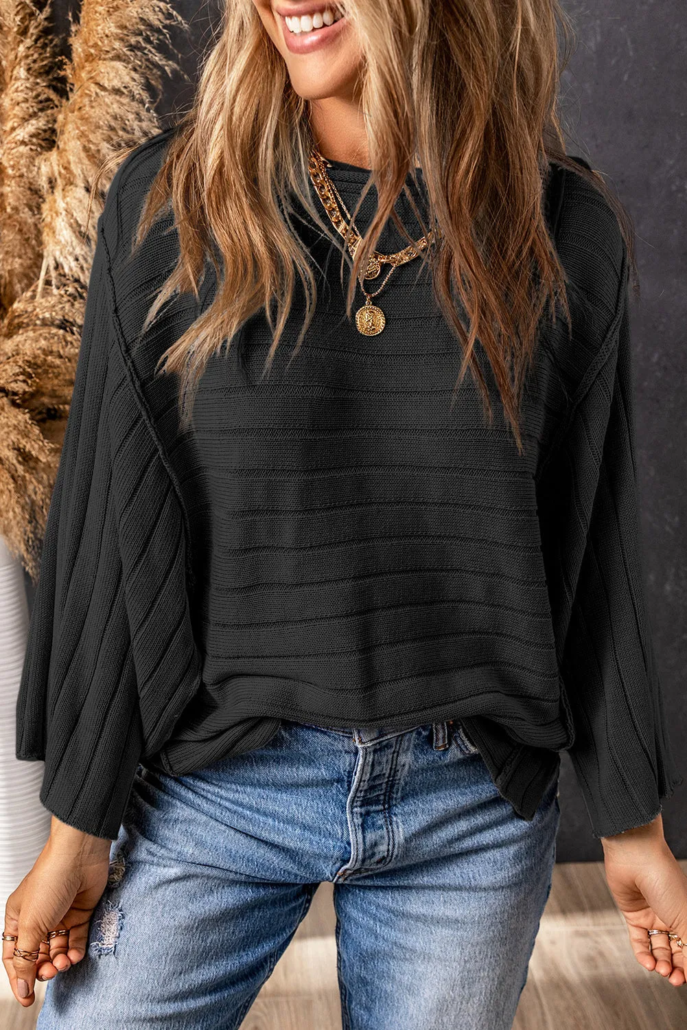 Black Exposed Seam Ribbed Knit Dolman Top sold by eAura product image thumbnail 3