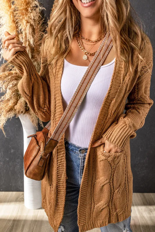 Khaki Ribbed Trim Eyelet Cable Knit Cardigan sold by eAura