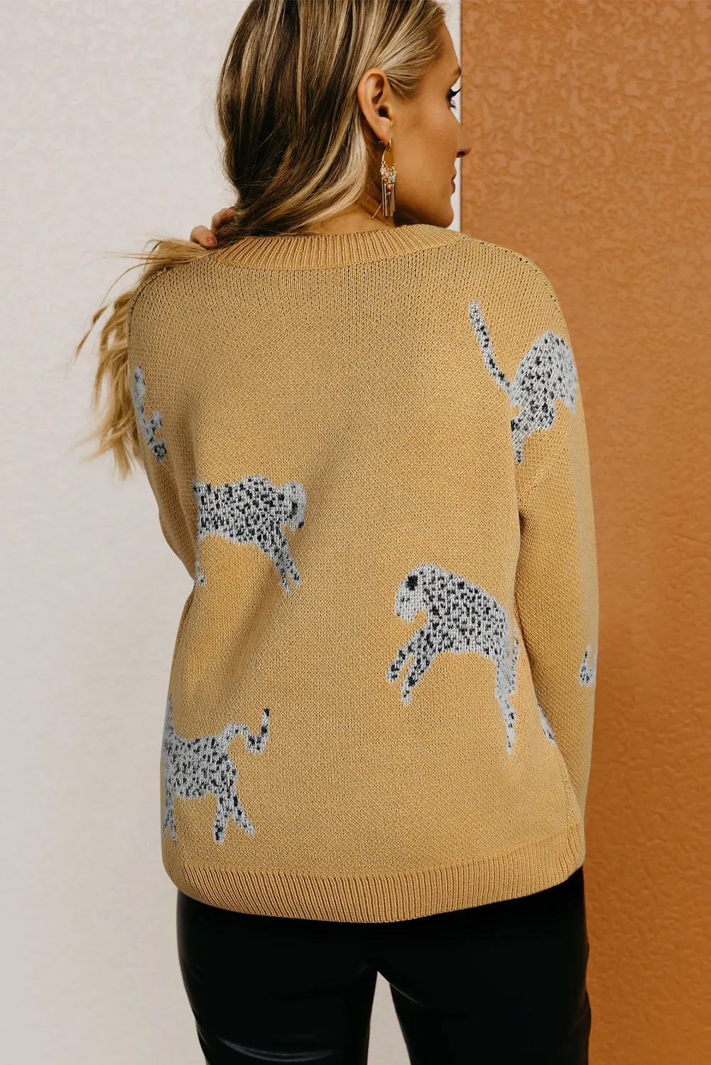 Camel Fuzzy Cheetah Accent Round Neck Sweater sold by eAura product image thumbnail 2