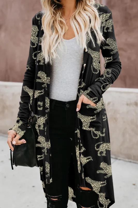 Black Printed Animal Print Ribbed Knit Cardigan sold by eAura