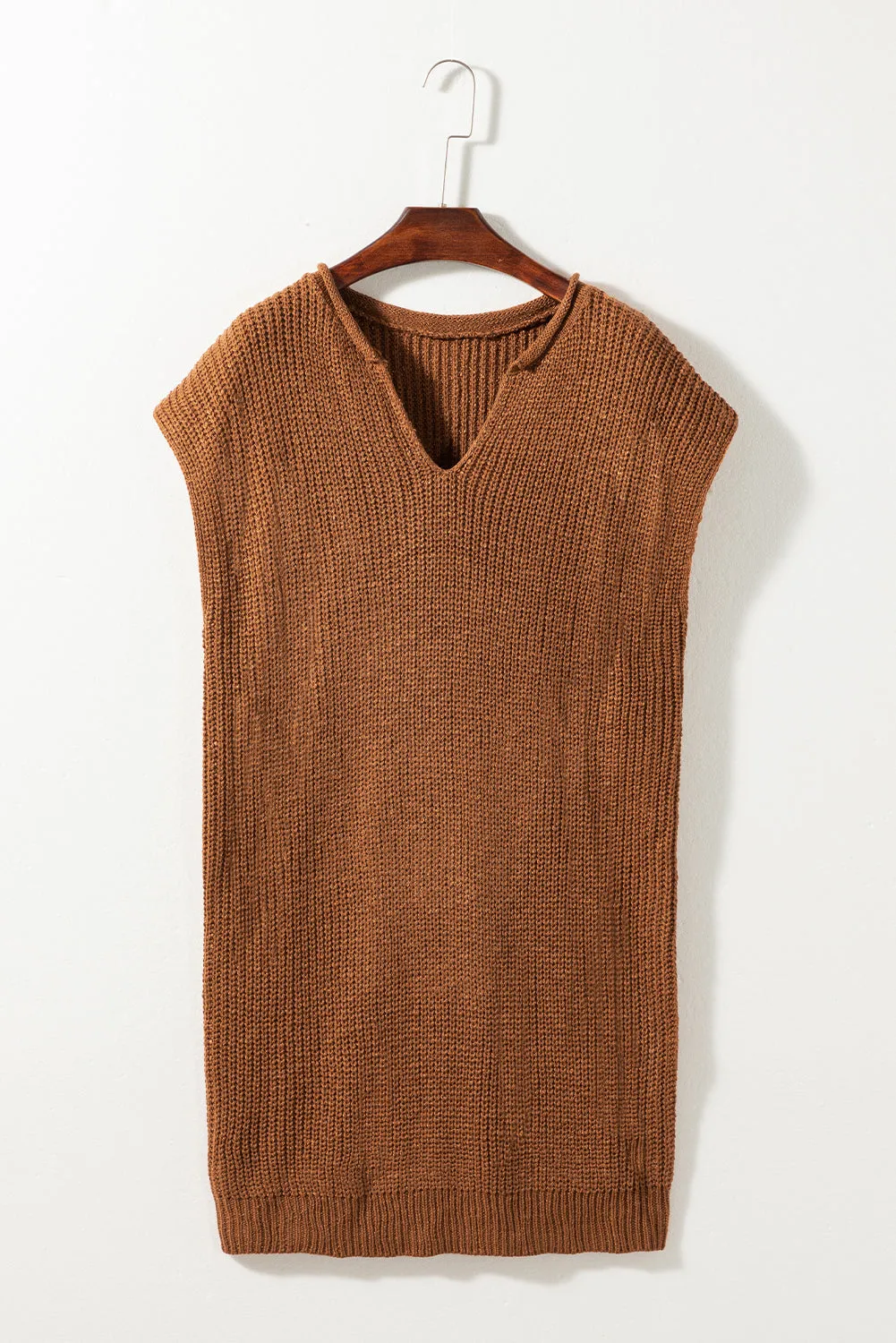 Camel Solid Colour Short Sleeve Notched V Neck Sweater Dress sold by eAura product image thumbnail 3