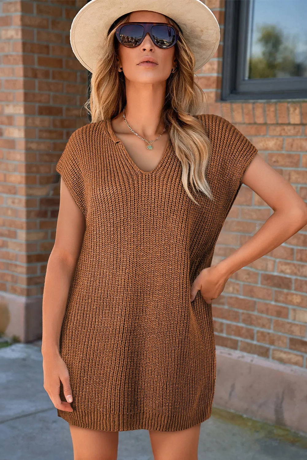 Camel Solid Colour Short Sleeve Notched V Neck Sweater Dress sold by eAura