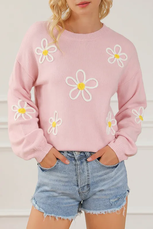 Pink Chenille Daisy Stitching Crew Neck Sweater sold by eAura
