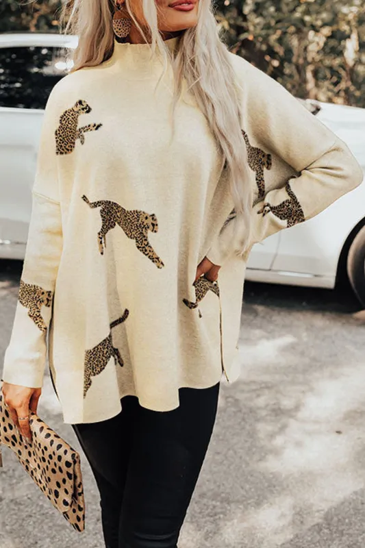 Parchment Lively Cheetah Print High Neck Split Hem Sweater sold by eAura