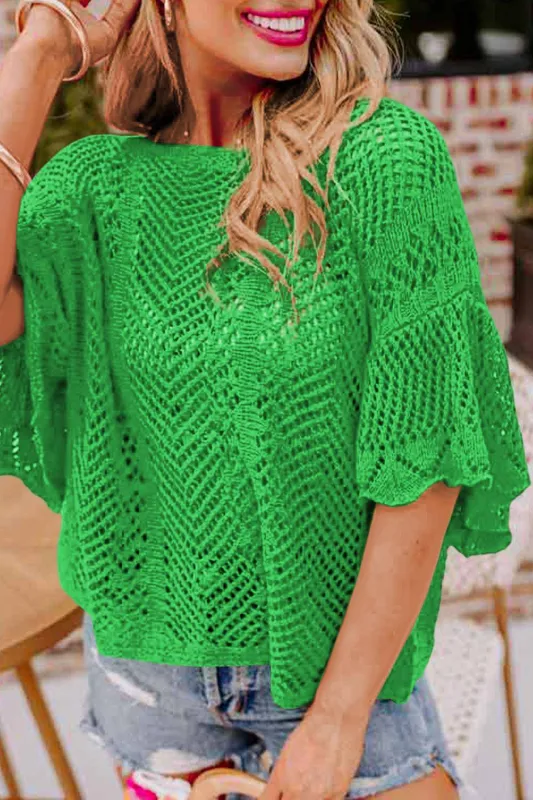 Green Pointelle Knit Scallop Edge Short Sleeve Top sold by eAura