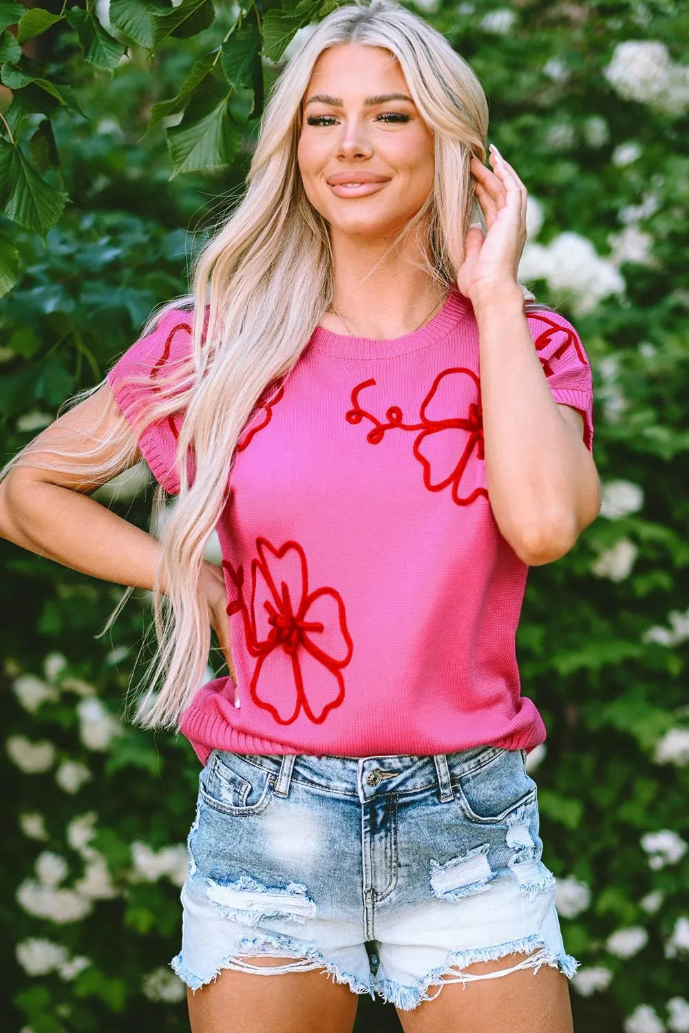 Bright Pink Flower Embroidery Short Sleeve Knitwear Top sold by eAura